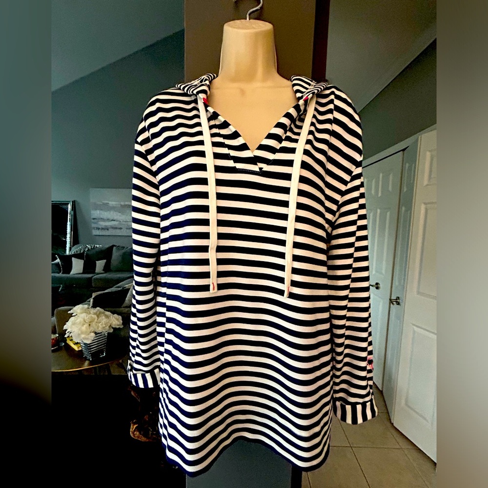 JANE + DELANCEY - Blue and White Striped Hooded Pullover M